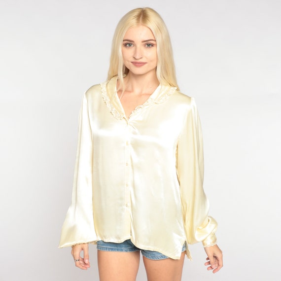 Vintage Jessica's Gunnies Blouse 70s Cream Satin Top Lace Trim Gunne Sax Shirt Long Puff Sleeve Collared Bohemian Button Up 1970s Medium M