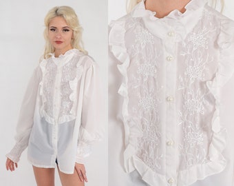 Victorian Blouse 70s Semi-Sheer White Button Up Top Floral Embroidered Ruffled Bib High Neck Retro Romantic Feminine Vintage 1970s Large L