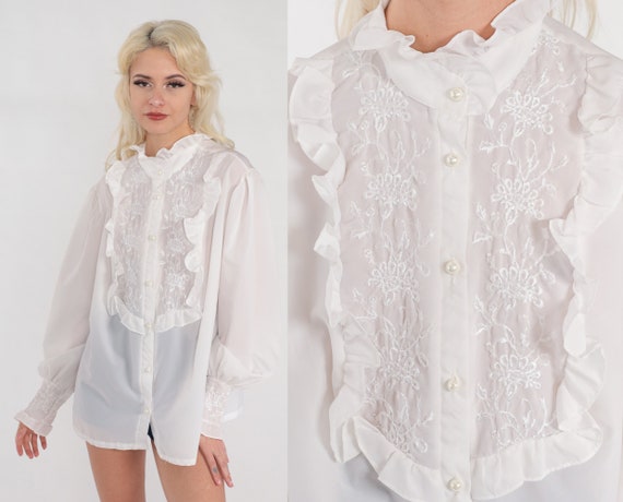 Victorian Blouse 70s Semi-Sheer White Button Up T… - image 1