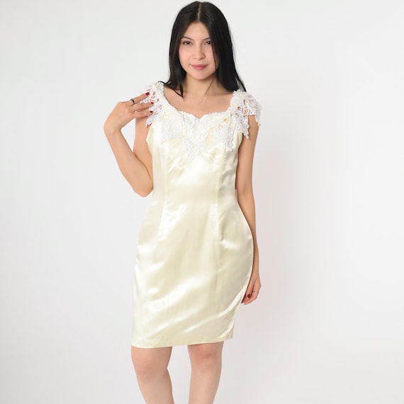 Vintage Satin Lace Dress Cream Mini Dress Evening Party 90s Shift Dress Formal Cocktail Going Out Sleeveless Romantic Wedding 1990s Small S