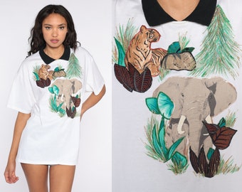 Tropical Animal Shirt Elephant Shirt Tiger Shirt Safari Tee Short Sleeve Top 80s Tshirt Vintage White Collared 90s Large L