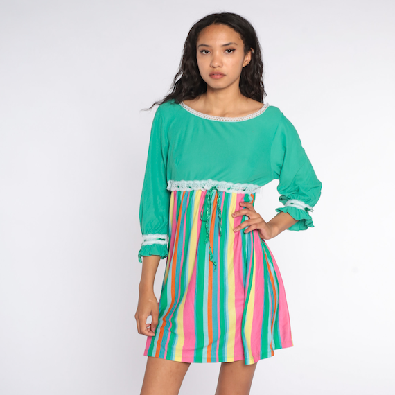 70s Mini Dress Rainbow Striped Lounge Dress Empir… - image 2