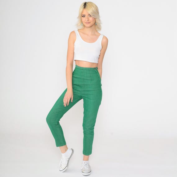 Vintage 60s High Waisted Pants Kelly Green Slim Fit Slacks 1960s Skinny Ankle Trousers Beatnik Mid Century Extra Small xs 0