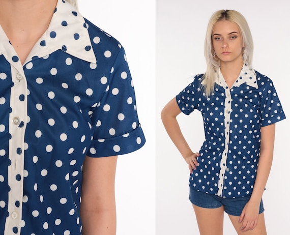 Polka Dot Shirt 70s Top Button Up Shirt Blue Blou… - image 1