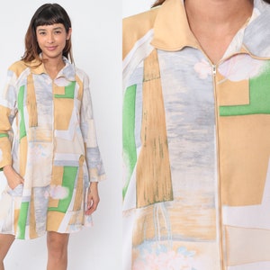 70s Mod Dress Floral Mini Dress Zip Up Abstract Bamboo Patchwork Print Shift Long Sleeve Retro Groovy Hippie Lounge Vintage 1970s Medium M