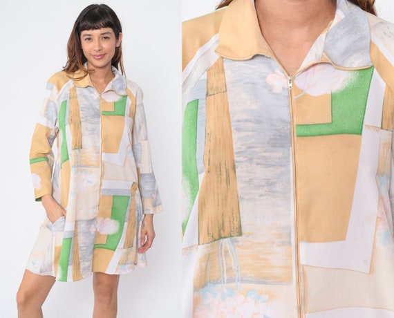 70s Mod Dress Floral Mini Dress Zip Up Abstract Bamboo Patchwork Print Shift Long Sleeve Retro Groovy Hippie Lounge Vintage 1970s Medium M