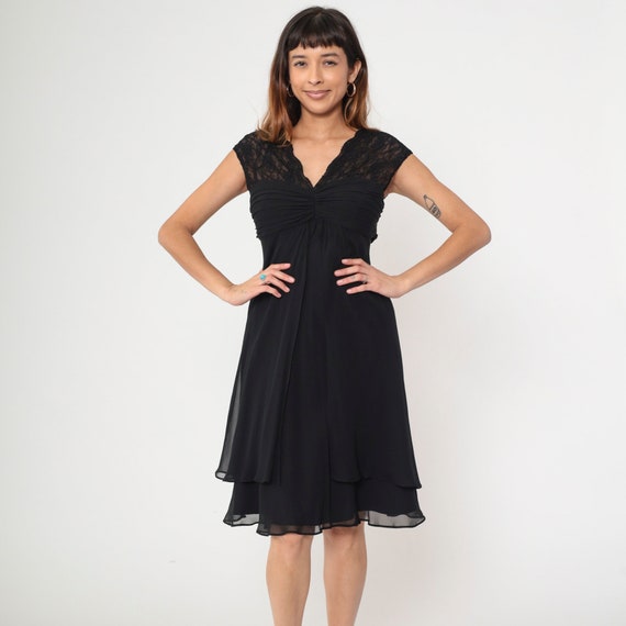 90s Silk Black Lace Dress Chiffon V-Neck Cap Sleeves Layered Hem Midi Dress Vintage 1990s Cocktail Party Dress Lbd Minidress Small 6