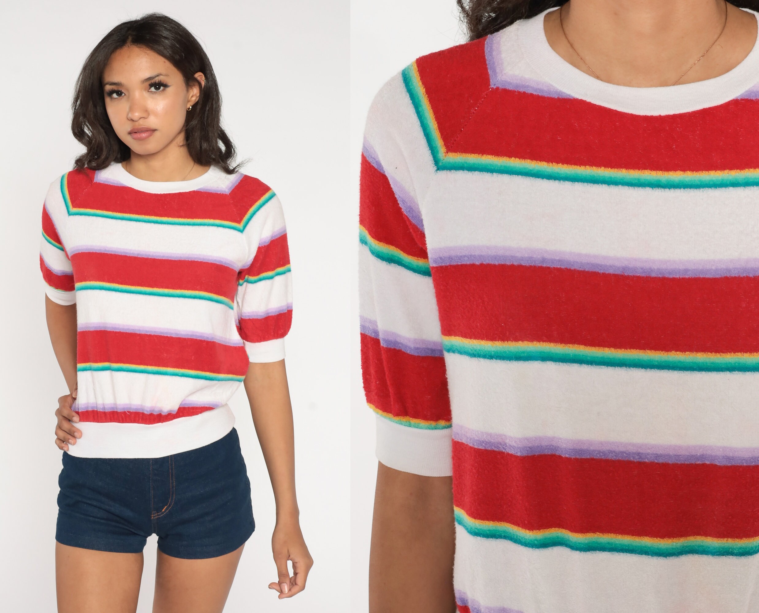 Striped Terry Cloth Shirt 80s T Shirt Retro Short Sleeve Banded Hem Top