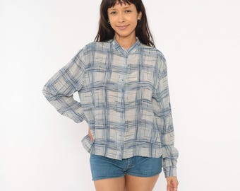 70s Abstract Plaid Blouse Blue Slate Cream Button Front Long Sleeve Brushstroke Check Shirt Cobalt Periwinkle Vintage Top Women Medium M
