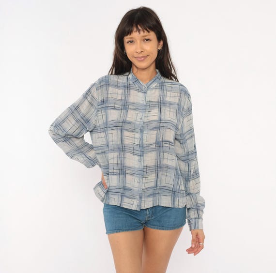 70s Abstract Plaid Blouse Blue Slate Cream Button Front Long Sleeve Brushstroke Check Shirt Cobalt Periwinkle Vintage Top Women Medium M