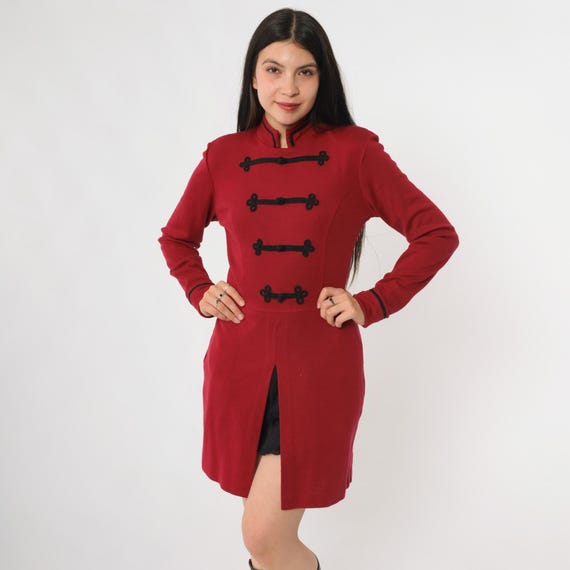 Red Military Dress 80s Nina Patrick Red Black Trim Stand Collar Long Sleeves Front Slit Secretary Chic Marching Band Small S