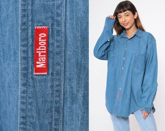 Marlboro Denim Shirt 90s Jean Shirt Cigarettes Oversized Blue 1990s Long Sleeve Button Up Promo Shirt Vintage Men's Large L