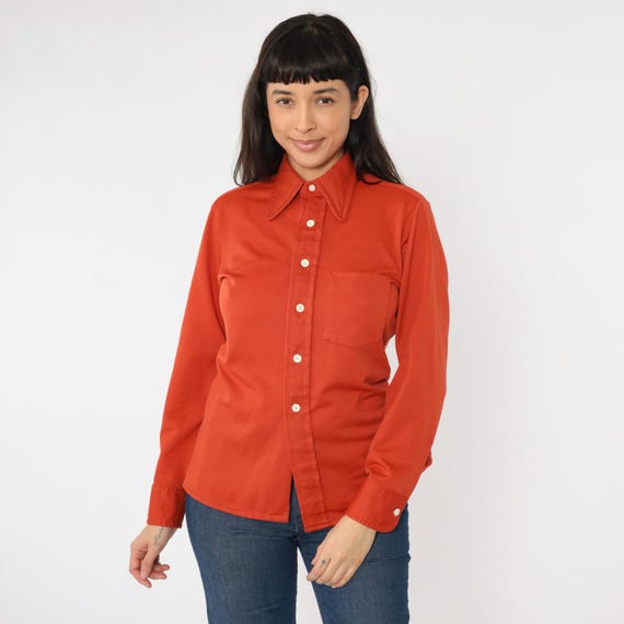 70s Rust Orange Button Up Shirt Vintage Disco Shirt Dagger Collar Top Long Sleeve Retro Chest Pocket Collared 1970s Men's Small