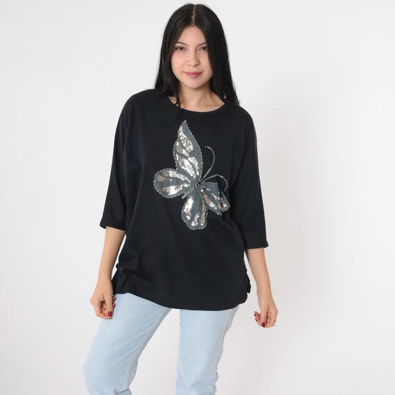 Sequin Butterfly T Shirt Vintage 80s Beaded Tshirt Black Insect 1980s Silver Beadwork Sparkly Graphic Tee 3/4 Sleeve Medium
