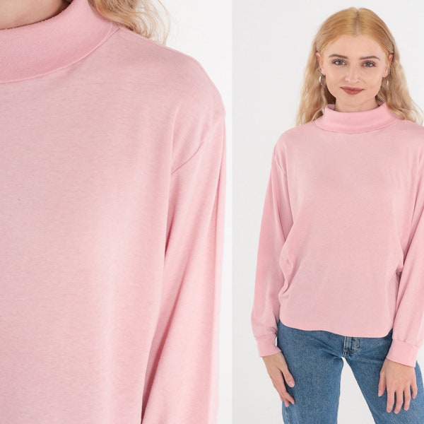 Pink Turtleneck Shirt 80s Long Sleeve T-Shirt Pullover Top Funnel Retro Turtle Neck Simple Plain Cotton Single Stitch Vintage 1980s Large L