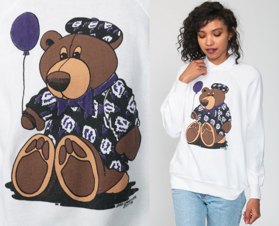 80s Sweatshirt TEDDY BEAR Shirt Collar Animal Sweater Balloon Raglan Sleeve Graphic Kawaii Vintage 1980s Slouchy Cream Pullover Small Medium