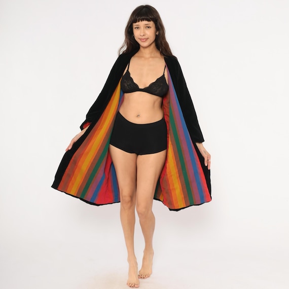 70s Rainbow Lined Velvet Robe Black Kimono Duster Coat Wide Sleeve Loungewear Colorful Striped Lining Jacket Medium M To Extra Large XL