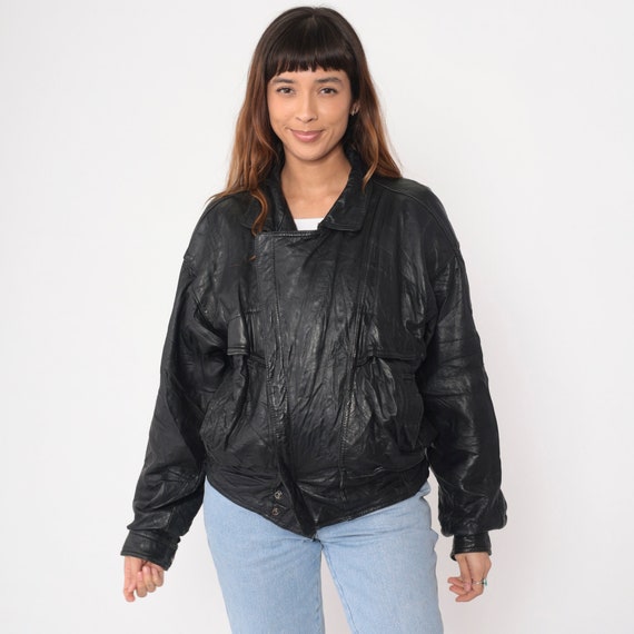 Black Leather Jacket 90s Asymmetrical Motorcycle Biker Jacket 1990s Vintage Moto Coat Zippered Jacket Oversize Small S