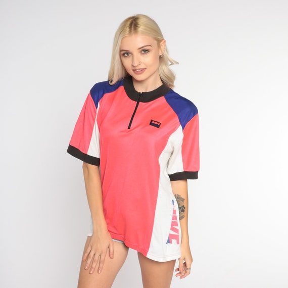 Nike Cycling Shirt 90s Bicycle Jersey Bike Cyclist Graphic Tee Sports Top Short Sleeve Pink Blue White Vintage 1990s Mens Extra Large xl