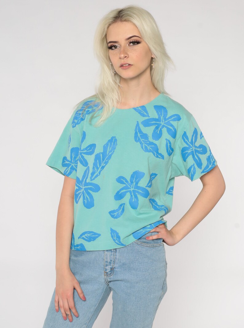 Tropical Floral Shirt 90s Flower Leaf Print T Shirt Green Blue Tee 80s Short Sleeve Boxy TShirt Hippie Shirt 1990s Vintage Retro Medium M image 3