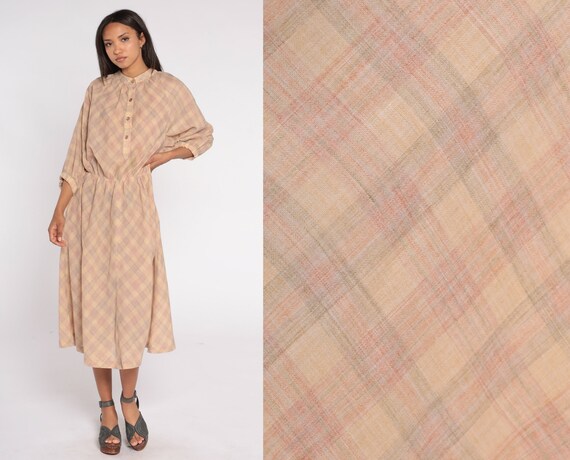 Checkered Midi Dress 70s Secretary Dress Tan Button up Shirtwaist Day Dress High Waisted 3/4 Sleeve Preppy Chic Vintage 1970s Medium Large