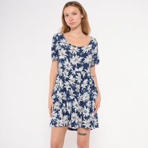 デイジープリント ベビードールドレス 90年代 ネイビー 花柄 ミニ ギャザーウエスト パッチポケット ホワイト ブルー サマー サンドレス コテージコア プレーリー ヴィンテージ ミディアム M