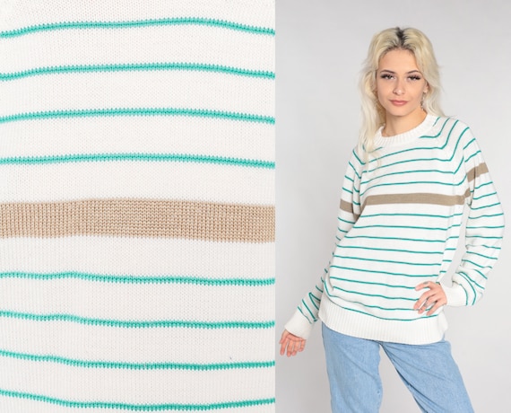 90s Striped Sweater White Green Pullover Knit Sweater Raglan Sleeve Retro Crewneck Basic Preppy Casual Tan Vintage 1990s Acrylic Large L
