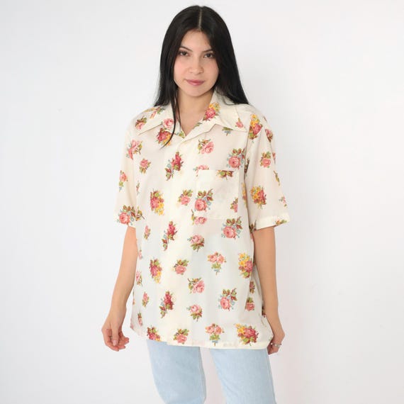 Men's 70s Floral Shirt Pink Rose Print Button Up Off-White Disco Dagger Collar Boho 1970s Hippie Top Short Sleeve Vintage Large 16 16 1/2