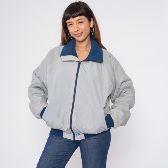 Grey Windbreaker Jacket 90s Blue Fleece Lined Retro Hiking Camping Granola Raglan Sleeve Plain Bomber Vintage 1990s Large L