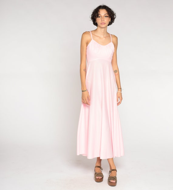 70s Baby Pink Party Dress Disco Maxi Pastel Empire Waist Sleeveless Cocktail Formal Prom Grecian Spaghetti Strap Long Vintage 1970s Small S