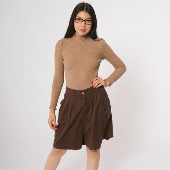Pleated Brown Shorts 90s High Waisted Vintage Academic Preppy Dark Academia Scholar Nerd Girl University Student Aesthetic Medium M 14