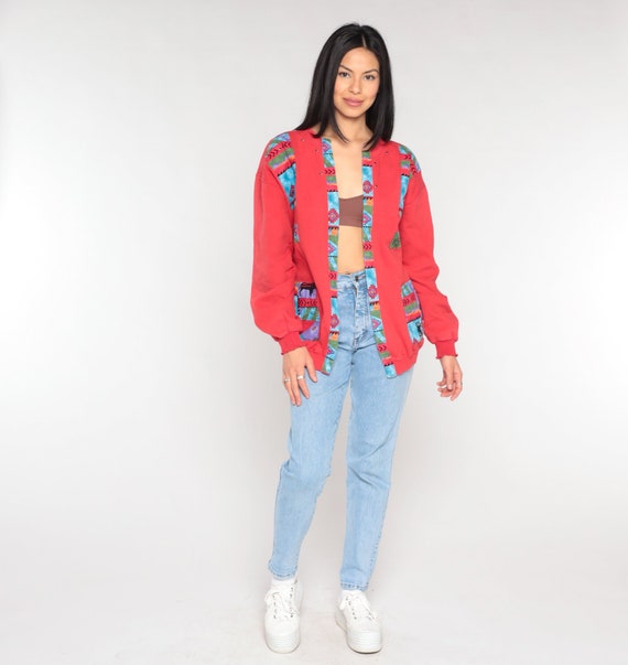 Southwestern Sweatshirt Cardigan Y2k Red Open Front Sweater Kokopelli Buffalo Petroglyph Navajo Eye Print Retro Vintage 00s Gildan Medium M