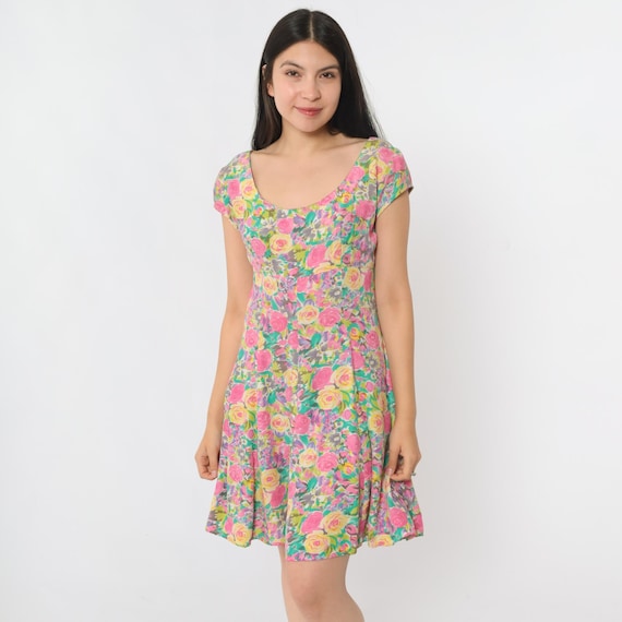 Vintage Bright Floral Mini Dress 90s Retro Short Sleeve Empire Waist Day Sun Dress Summer Scoop Neck 1990s Pink Blue Rayon Fit Flare Small S