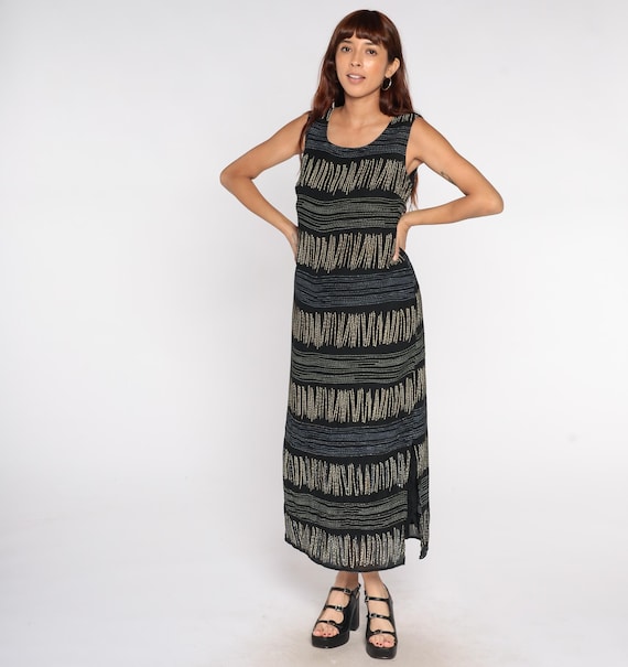 Abstract Stripe Dress 90s Black Tan Sleeveless Maxi Dress  Scoop Neck Graphic Print Tribal Column Dress Linear Pattern Minimal Simple Small