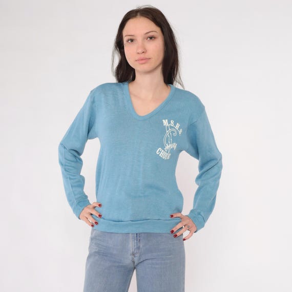 80s MSHS Choir Sweater Vintage High School Music V Neck Knit Pullover Light Blue Graphic Slouchy Knitwear 1980s Small
