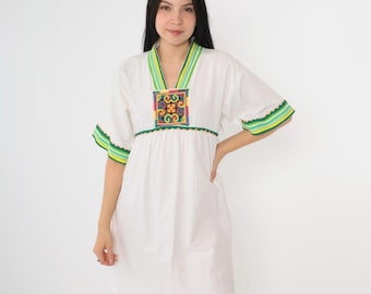 Vintage Y2K Boho Babydoll Dress Multicolor Embroidered Wide Sleeve Mini White Cotton Empire Waist Hippie Bohemian 00s Small S