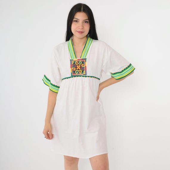 Vintage Y2K Boho Babydoll Dress Multicolor Embroidered Wide Sleeve Mini White Cotton Empire Waist Hippie Bohemian 00s Small S