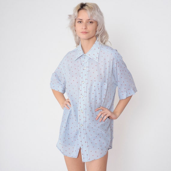 Men's Floral Shirt 70s Button up Shirt Baby Blue Flower Print Short Sleeve Collared Oxford Top Button Down Preppy Vintage 1970s 2xl 17
