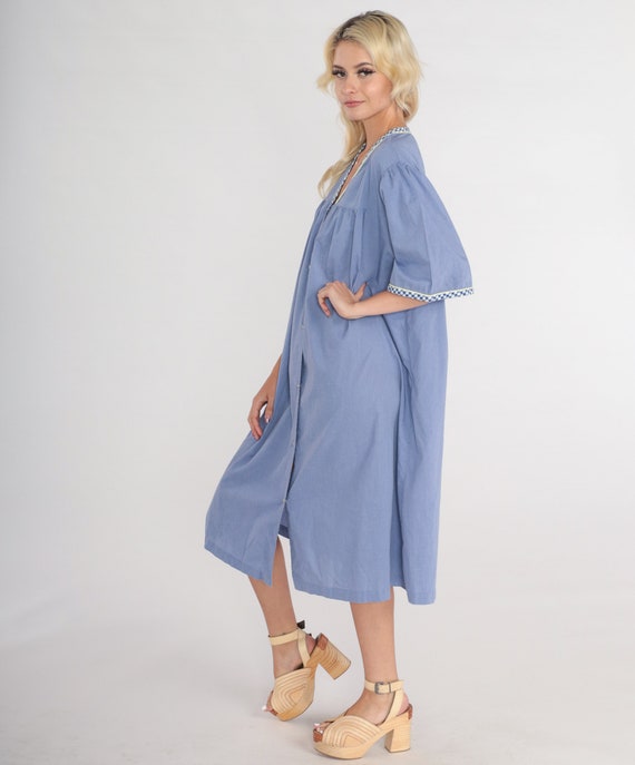 80s Lounge Dress Blue Pajama Dress Floral Embroid… - image 4