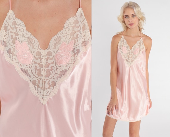 Pink Lace Slip Dress 80s Lingerie Mini Dress Floral Retro Satin Nightgown Low Back Spaghetti Strap Nightie Pastel Sexy Vintage 1980s Small S