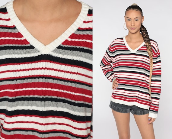 90s Striped Sweater Cotton Knit Red White V Neck Slouchy Pullover Jumper 1990s Vintage Retro Men's Large L