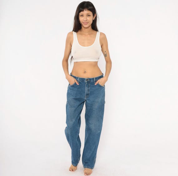 Dickies Carpenter Jeans 90s Denim Work Pants Cobalt Blue Straight Leg Utility Workwear Cotton Tool Pocket Dungaree Trouser Vintage 33 x 32
