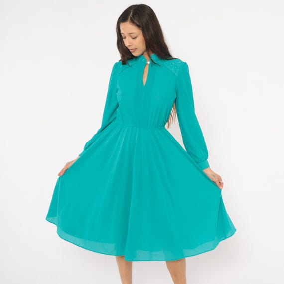 80s Teal Sundress Lace Collar Dress Pintuck Bodice Keyhole Neckline Puff Cuff Elastic Waist Flowy Turquoise Aqua Vintage Feminine Small S