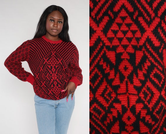 80s Geometric Sweater Red Wool Pullover Knit Sweater Saks 5th Avenue Op Art Statement Jumper Psychedelic Retro Black Vintage 1980s Medium M