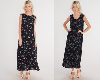 90s Floral Dress Reversible Maxi Dress Black Pink Flower Rose Print Sleeveless Sundress Retro Grunge Casual Day Boho Vintage 1990s Medium M