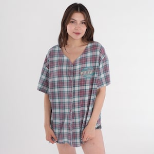 Latte Sport Shirt 90s Plaid Button Up Shirt Short Sleeve Top Checkered Retro Preppy Casual Summer Sporty V Neck Blouse Vintage 1990s Large L