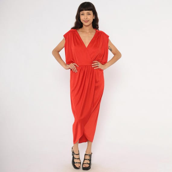 80s Scarlet Wrap Dress Red Faux Surplice V Neck Cap Sleeve Midi Gathered Waist Tulip Hem Blouson Crimson Cherry Cocktail Party Large L