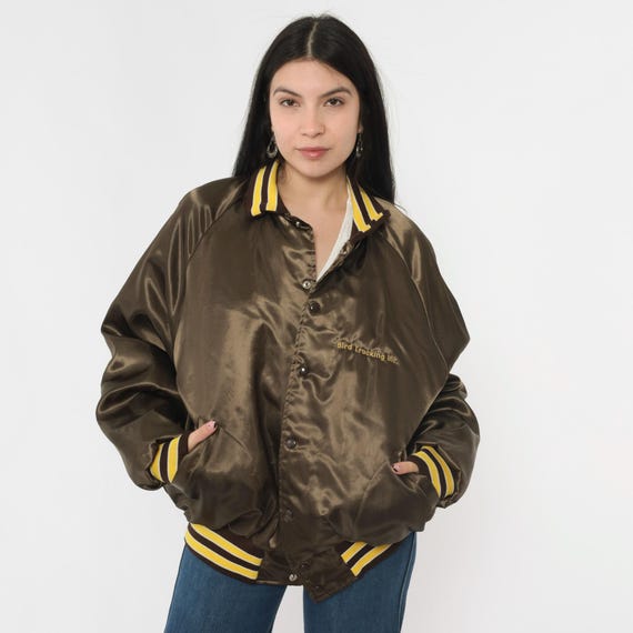 Vintage Satin Bomber Jacket 80s Brown Trucker Jacket Bird Trucking Inc Salt Lake City Baseball Snap Up Uniform Coat Large L
