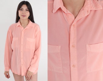 Peach Pink Oxford Shirt 90s Button Up Shirt Tencel Rayon Shirt Long Sleeve Plain Oversized 1990s Vintage Men's Medium