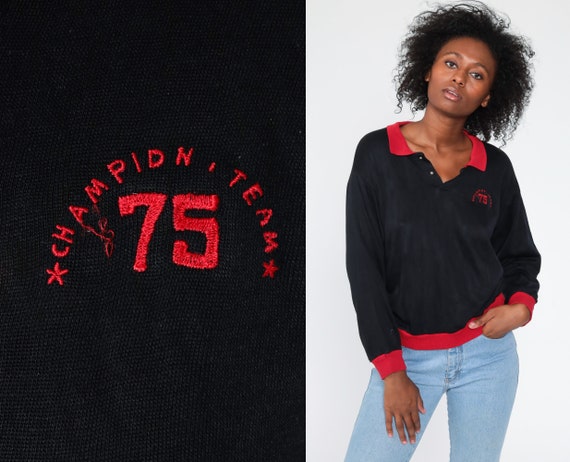 Black Polo Sweatshirt Champion Team 75 Half Button Up Long Sleeve Shirt 80s Pullover Retro 90s Sportswear Sports Small Medium